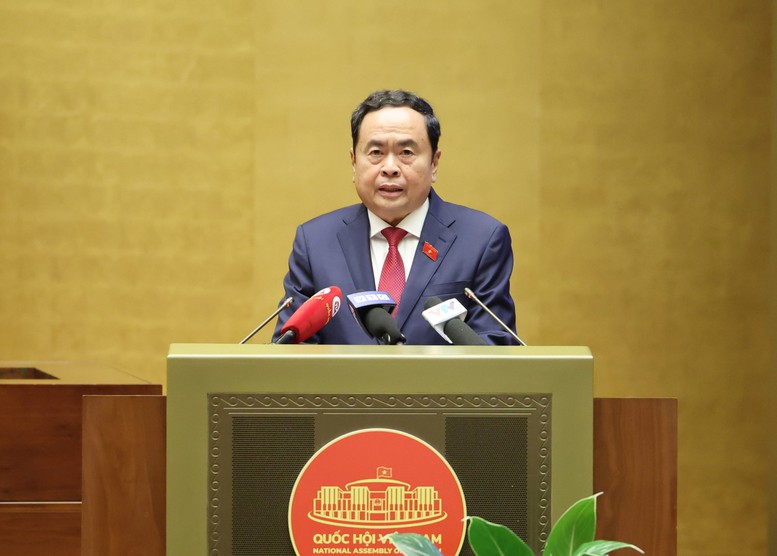 Chủ tịch Quốc hội Trần Thanh Mẫn phát biểu tại Lễ ra mắt cuốn sách “Quốc hội trong tiến trình đổi mới đáp ứng yêu cầu xây dựng, hoàn thiện Nhà nước pháp quyền xã hội chủ nghĩa Việt Nam” của Tổng Bí thư Nguyễn Phú Trọng - Ảnh: VGP/Nguyễn Hoàng